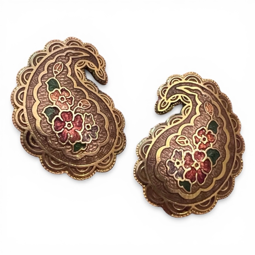 Elegant Cloisonné Gold and Red Floral Earrings, comfort rubber backings
